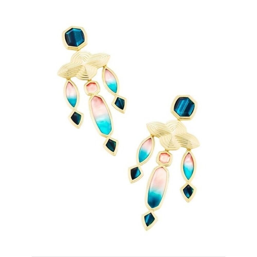 Kendra Scott Monica Statement Earrings Gold Teal Mix Geometric Chandelier NEW